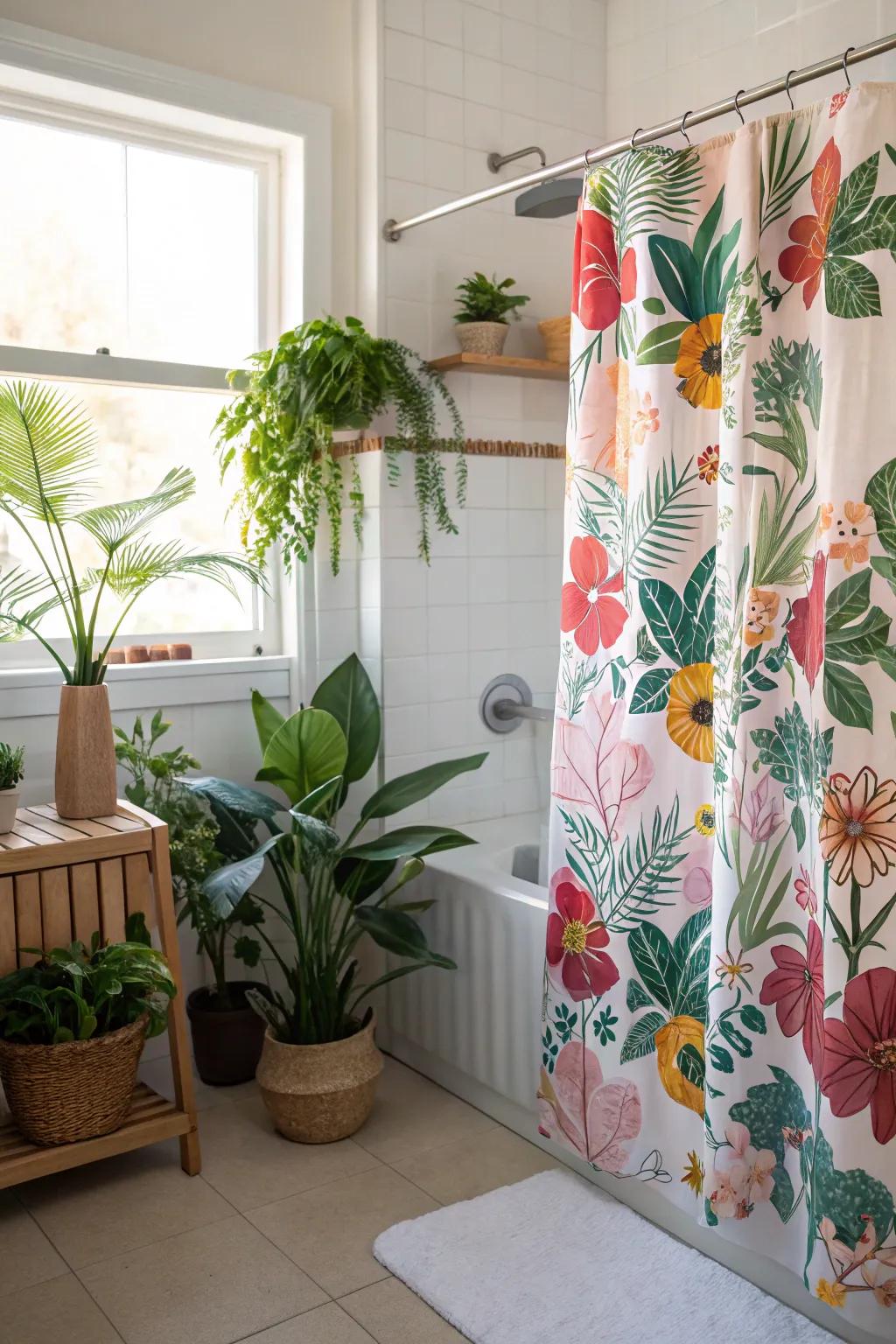 A bathroom decorated with a botanical patterned shower drape and abundant green plants.