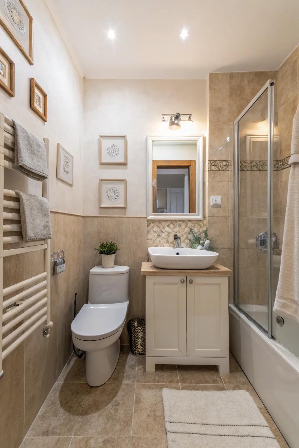 Neutral hues evoke a peaceful and spacious atmosphere in this small farmhouse bathroom.