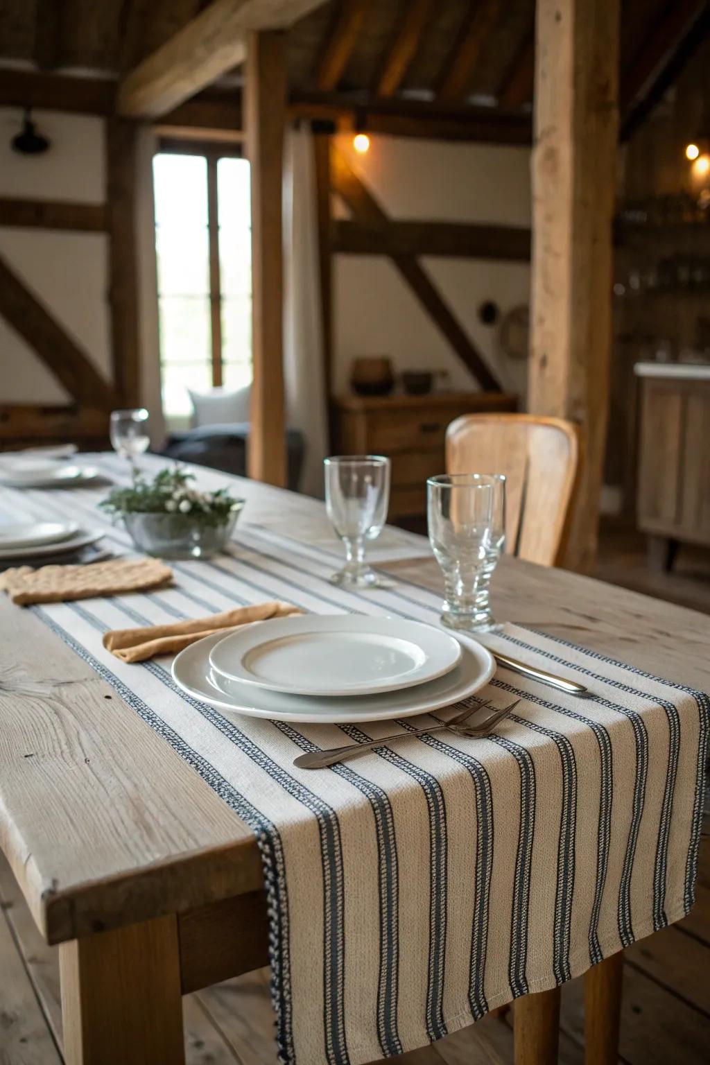 Stripes bring a classic touch to the farmhouse dining experience.