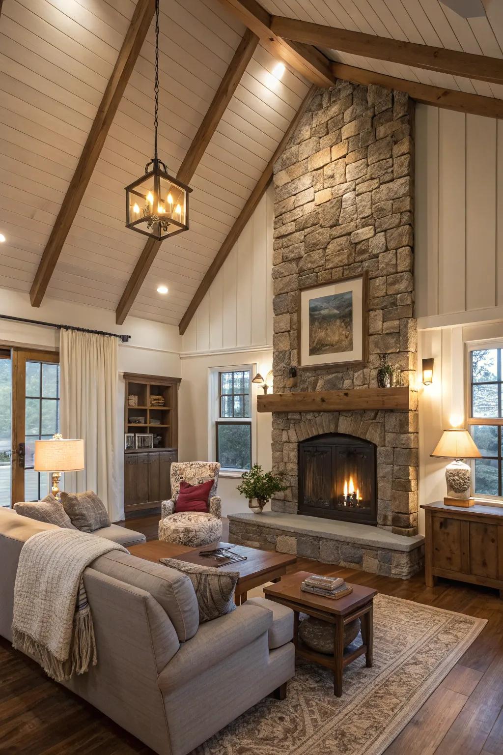 A shiplap chimney serving as a point of focus in a farmhouse living space.
