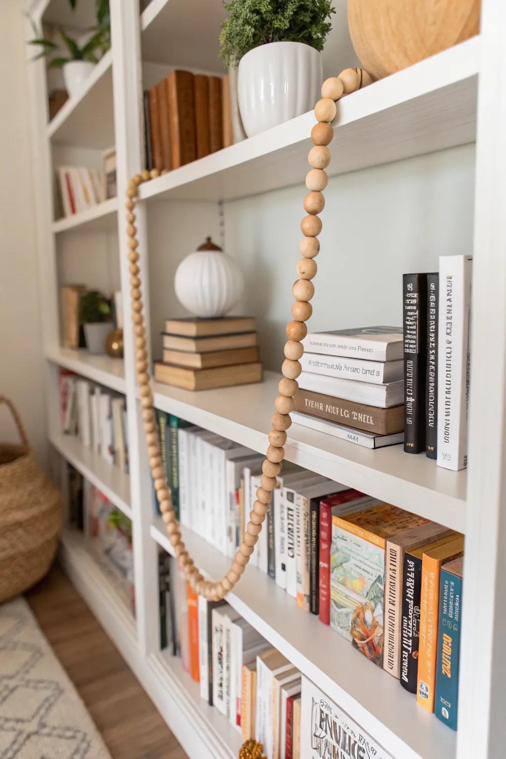 Timber-sphere strand adorning a snug bookshelf.