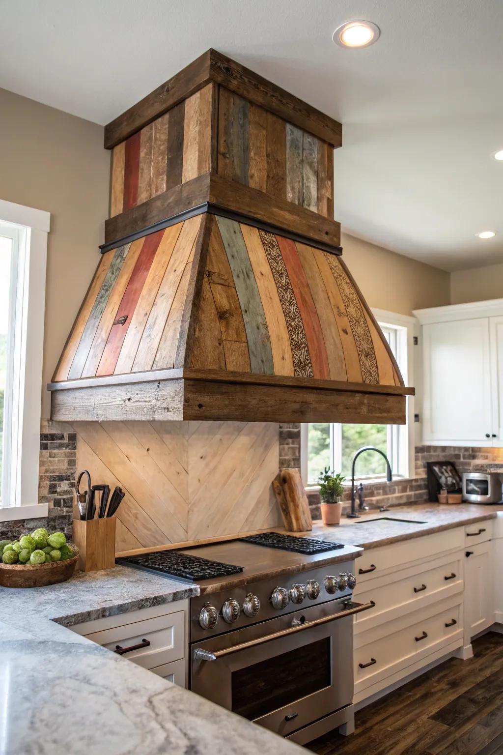 Range hoods crafted from reclaimed wood provide unique textures and persona.
