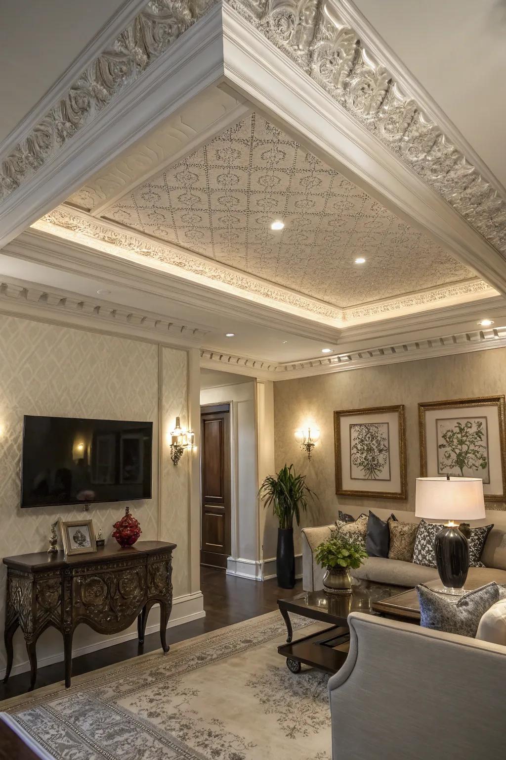 Layered imitation crown molding brings dimension and intricate detail.
