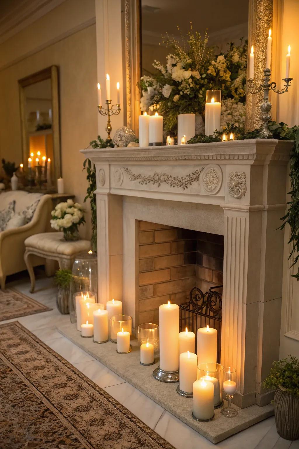 An artificial fireplace illuminated by the warmth of many scented wax blocks.