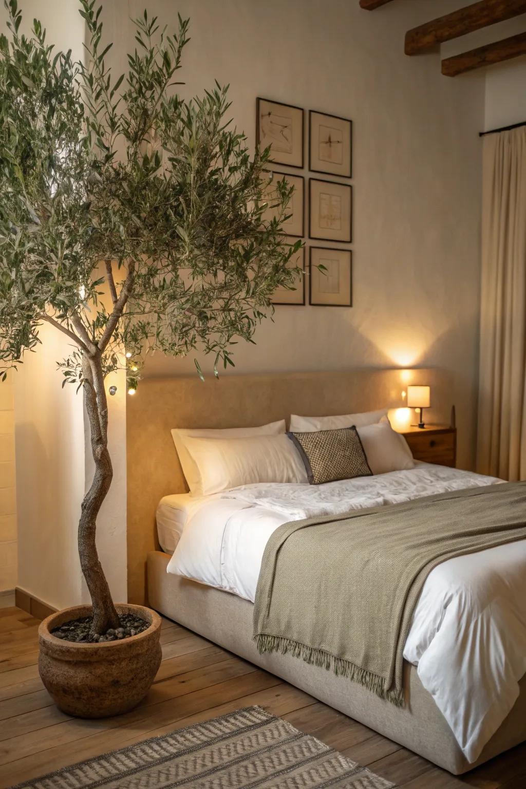 Amplify your bedroom's feel with a calming faux olive tree.