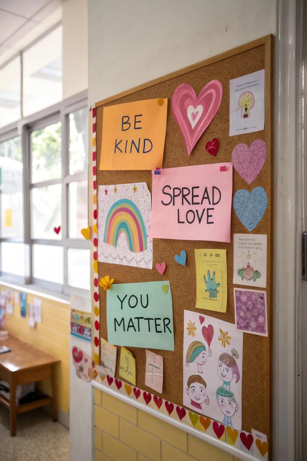 A bulletin board promoting kindness and uplifting messages.