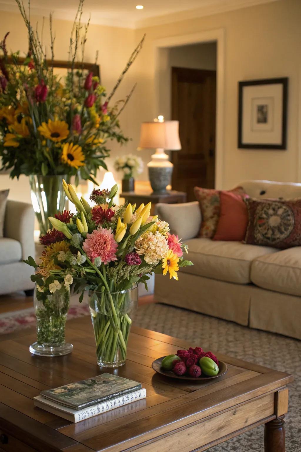 A living area illuminated by graceful botanical arrangements adorning the center table.