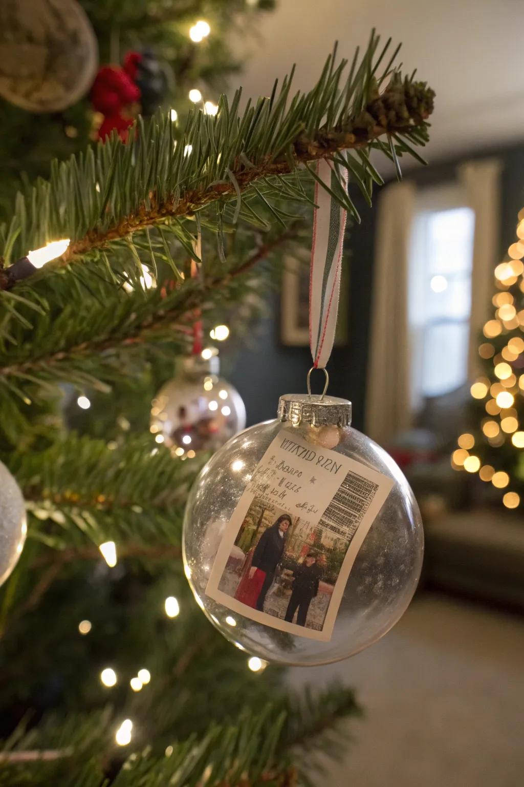 Ornaments showcasing miniature keepsakes like photos and tickets.