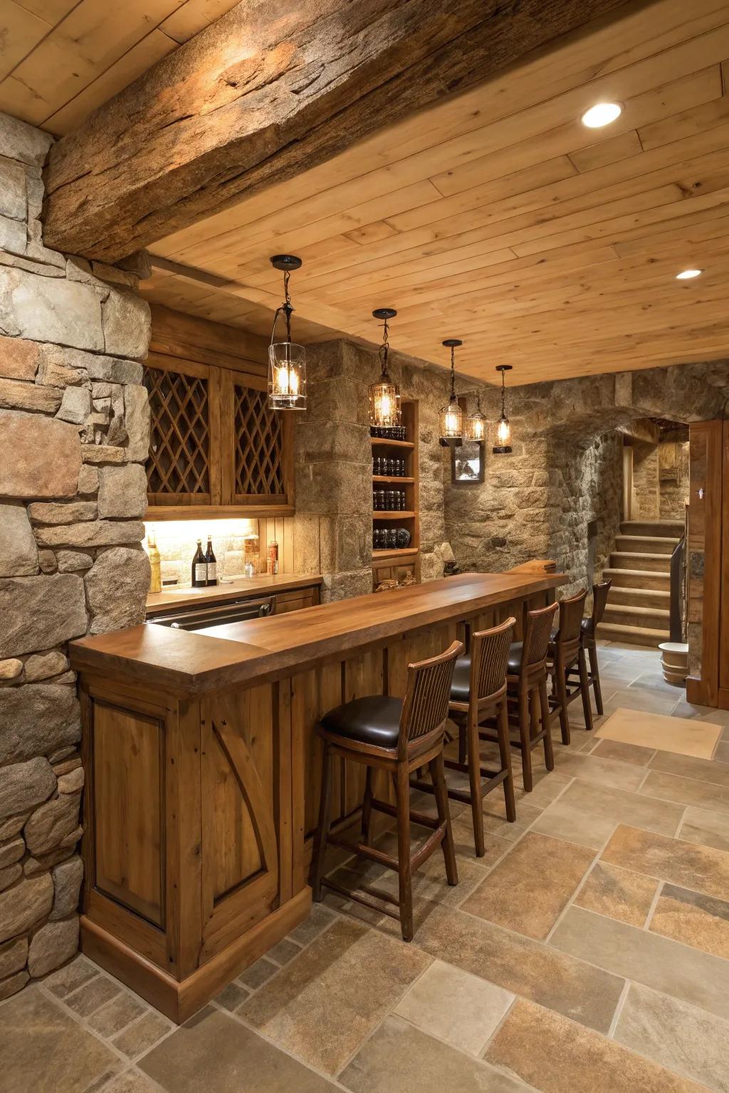 Bring the essence of the outdoors inside with a rustic-themed basement bar.