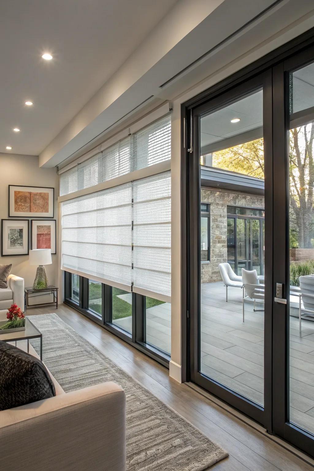 Light-filtering shades offer seclusion while preserving a modern aesthetic.