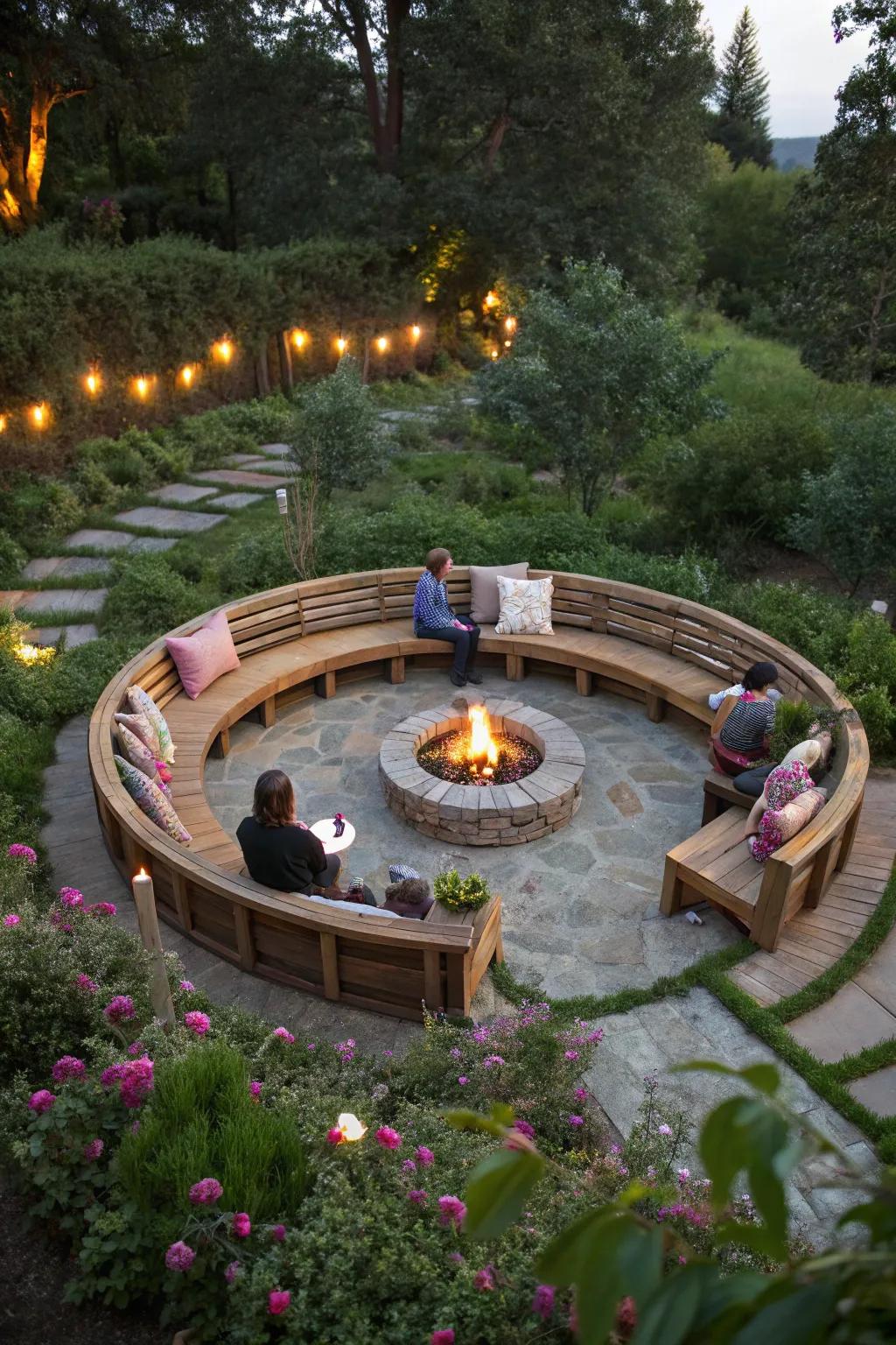 Circular seating fosters engaging conversations around the fire pit.