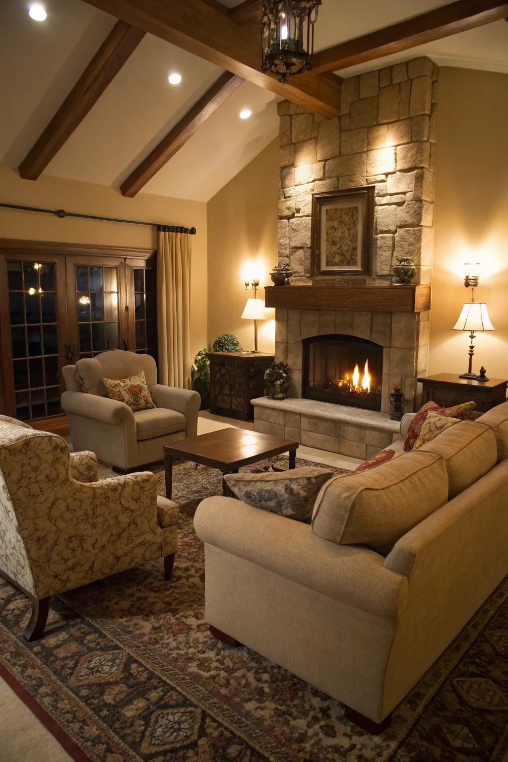 A snug living room configuration with sofas and armchairs facing the fireplace, ideal for unwinding.