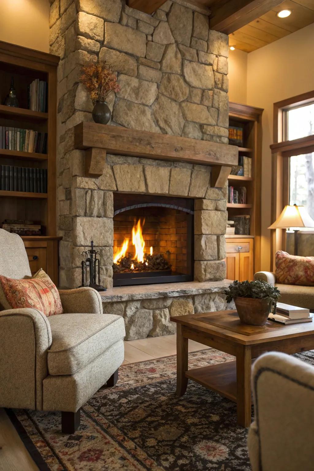 The natural stone provides the fireplace with an organic and classic look.