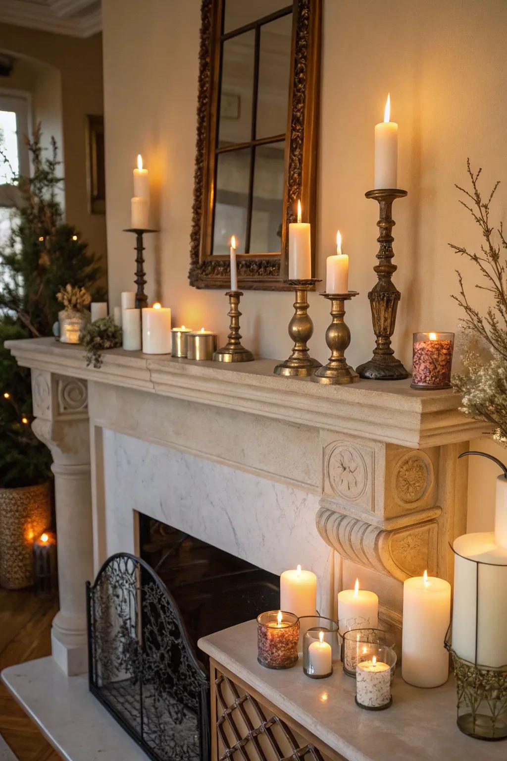 Candles of varying heights casting a warm glow on the mantel