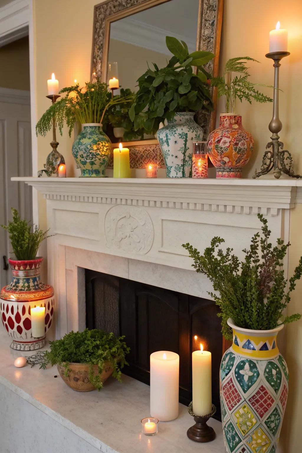 Vases, candles, and plants lending a fashionable flair to the mantel.