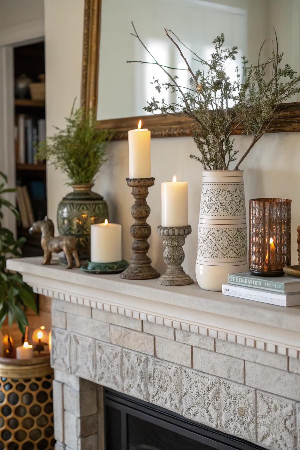 A mantel arrangement with staggered candles and vases that adds depth and texture.