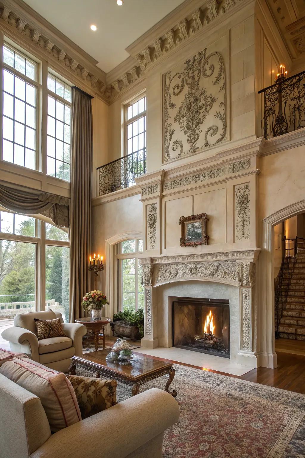 Elaborate moldings enhance the sophistication of this fireplace.