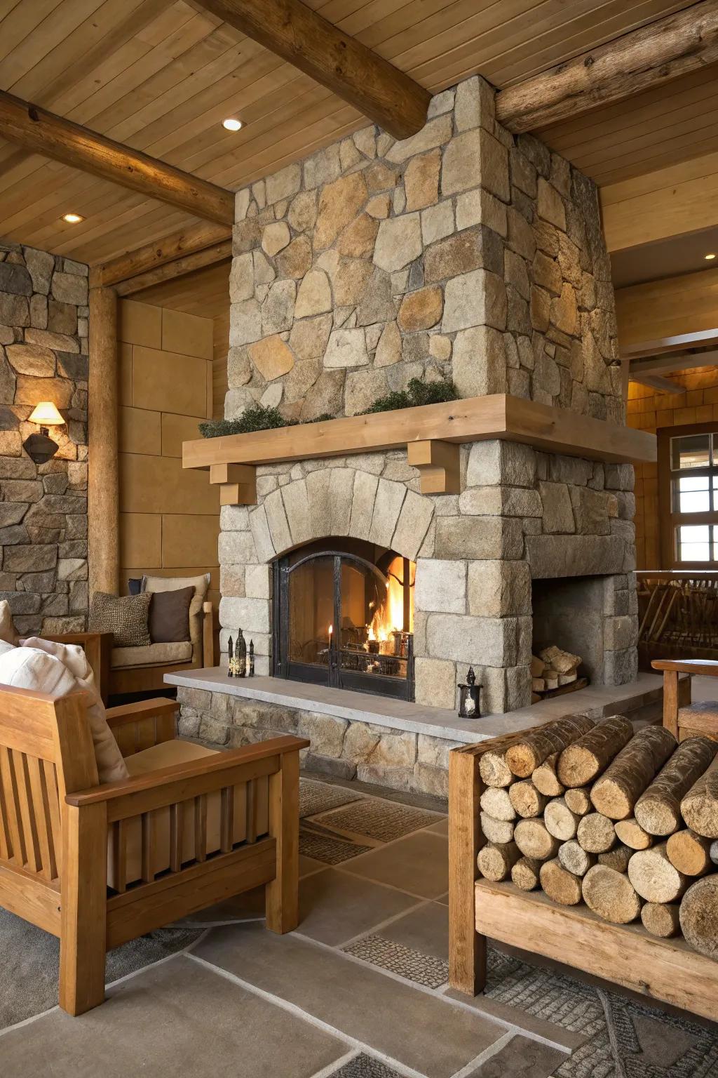 Natural stone cladding lends a rustic allure to this welcoming fireplace.