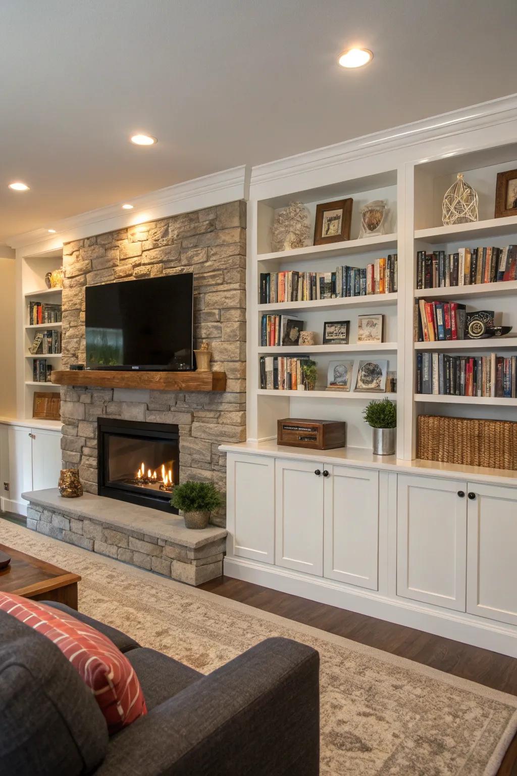 A living area featuring fashionable built-in shelves around a fireplace wall and TV.