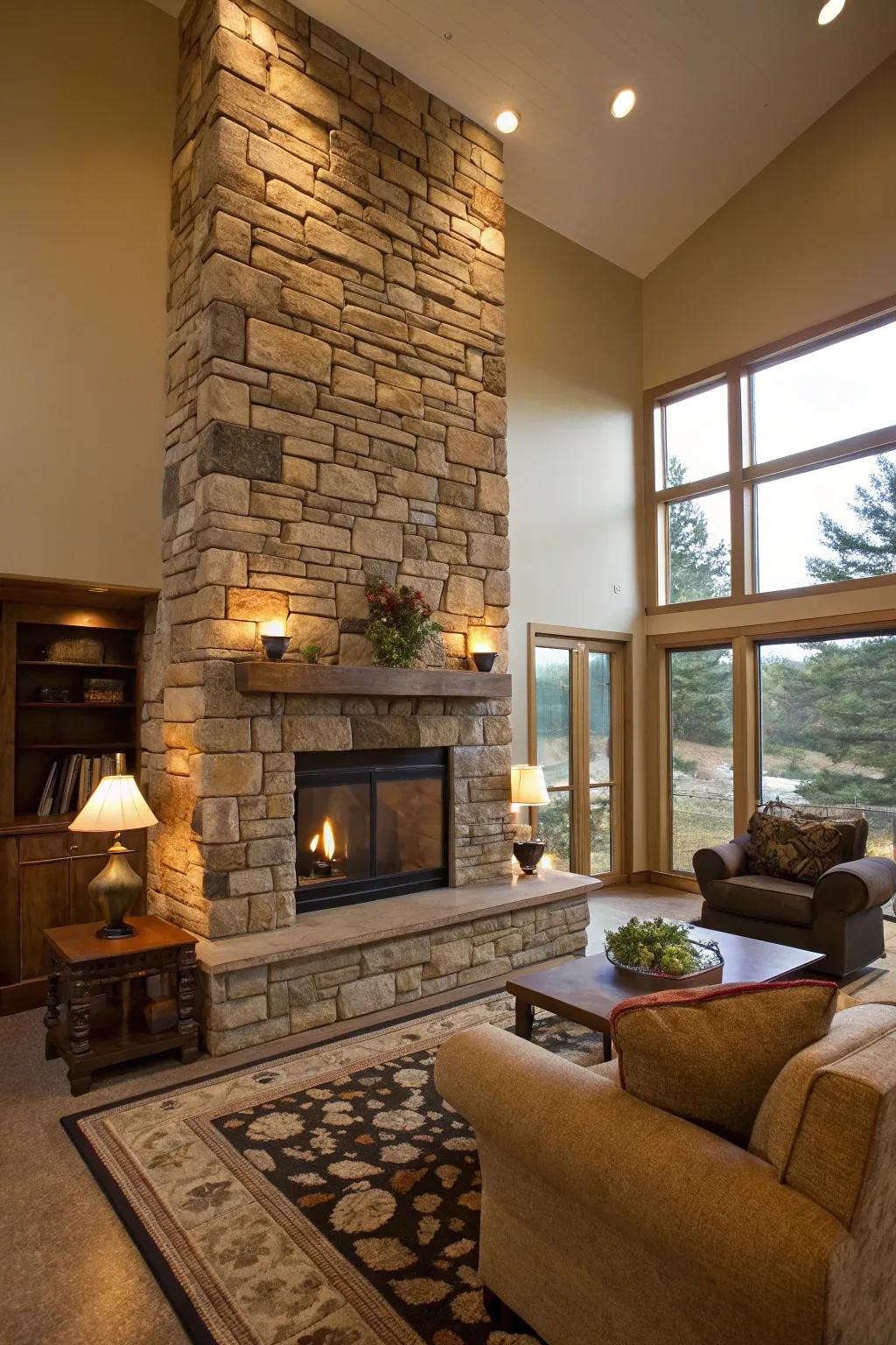 A striking stone fireplace design that orders awareness.