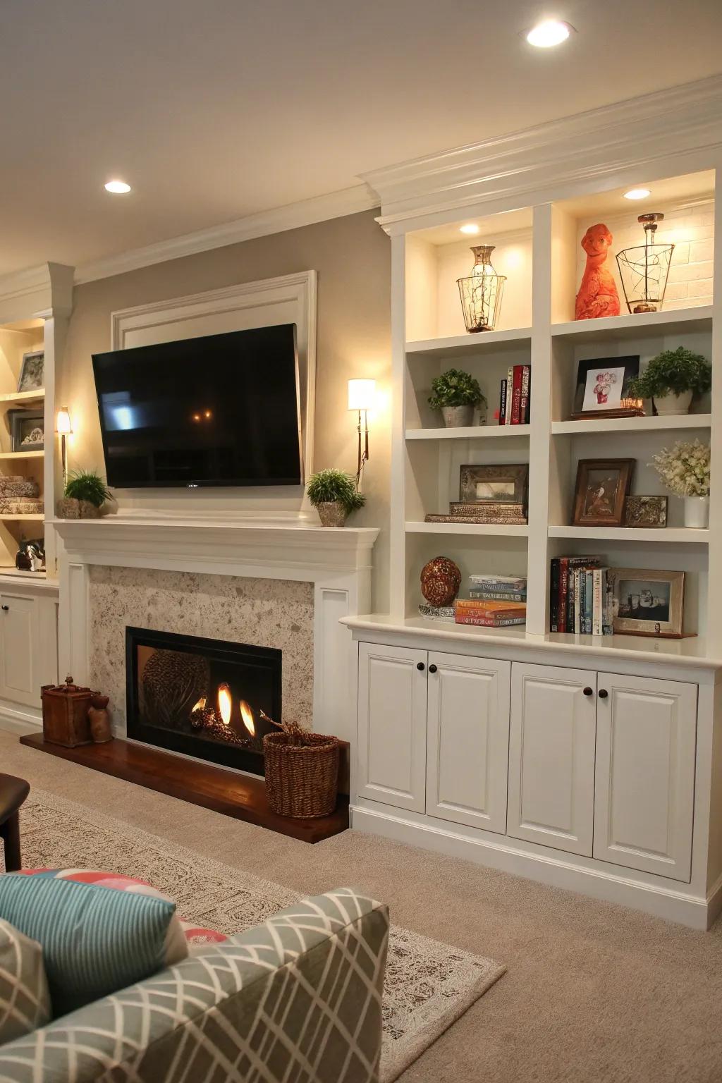 Integrated shelving around a fireplace with a TV above, displaying personal decor.