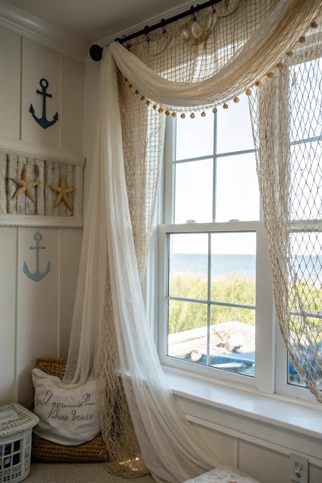 Piscine nets create distinctive window coverings with a seafaring influence.