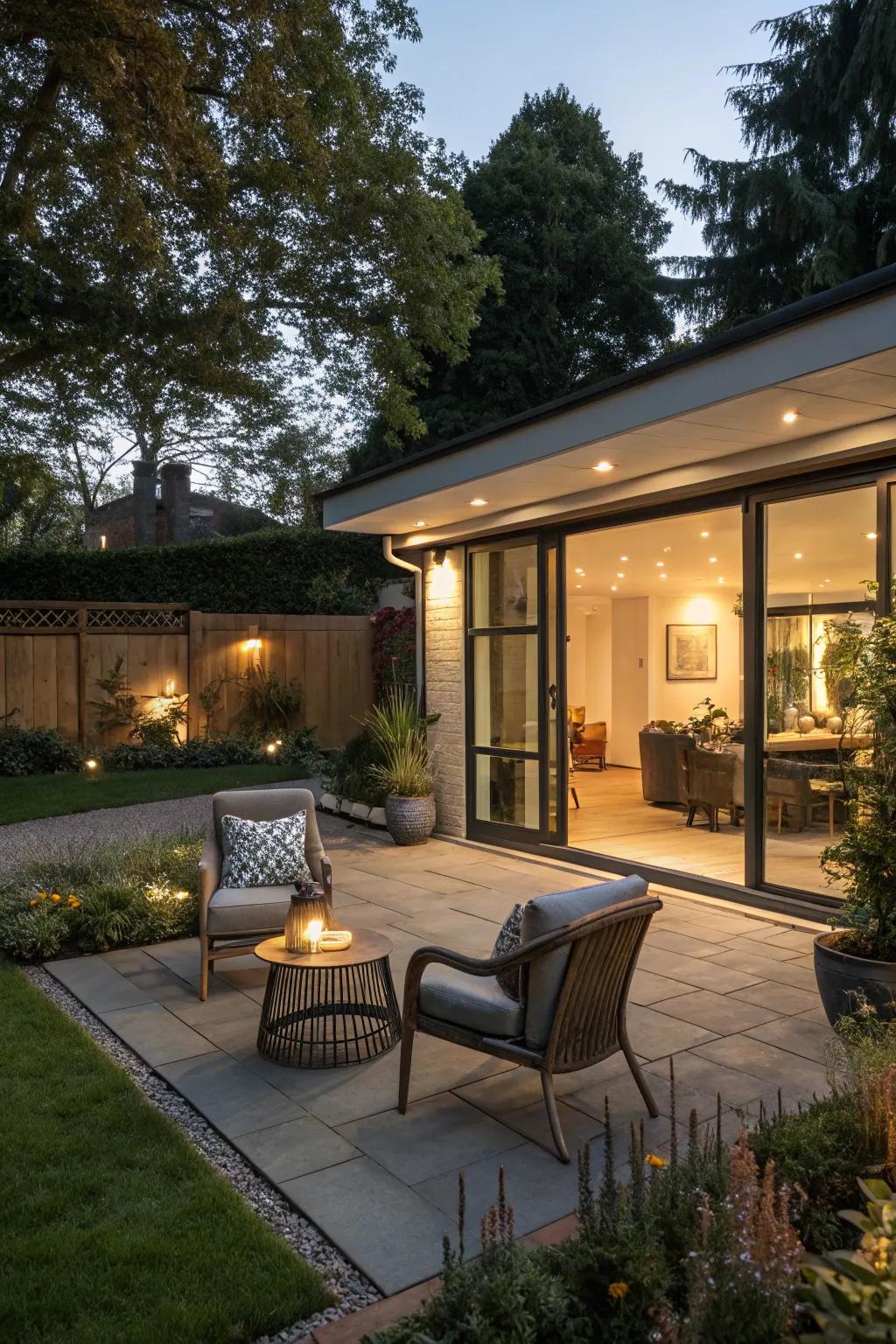 An outdoor entertainment zone on a flat roof garage is excellent for hosting gatherings.