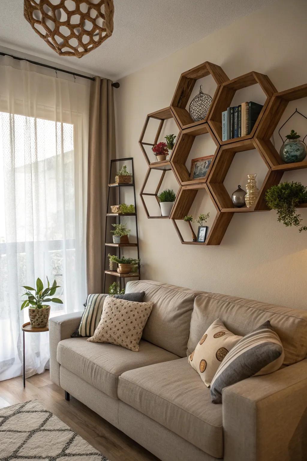 Geometric shelves lend a modern sophistication to your living space.