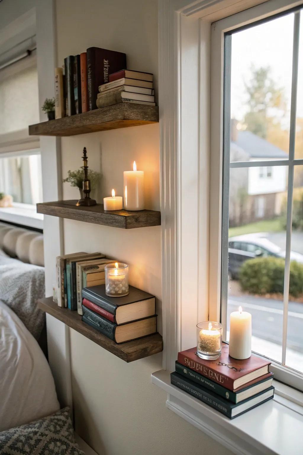 Decorative ledges transform a bedroom nook into a peaceful sanctuary.