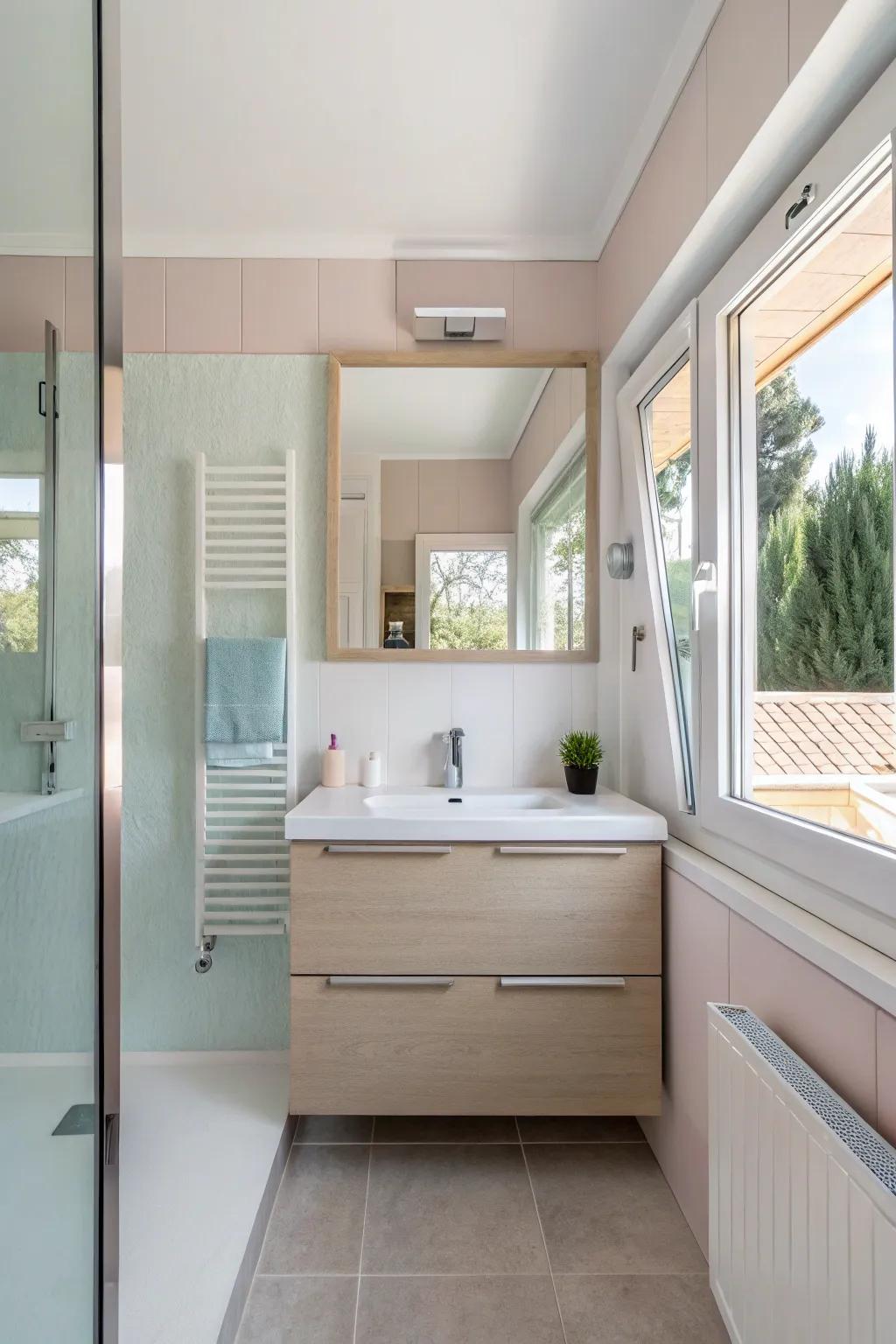 A small bathroom including a space-enhancing floating vanity displayed in lighter tones.