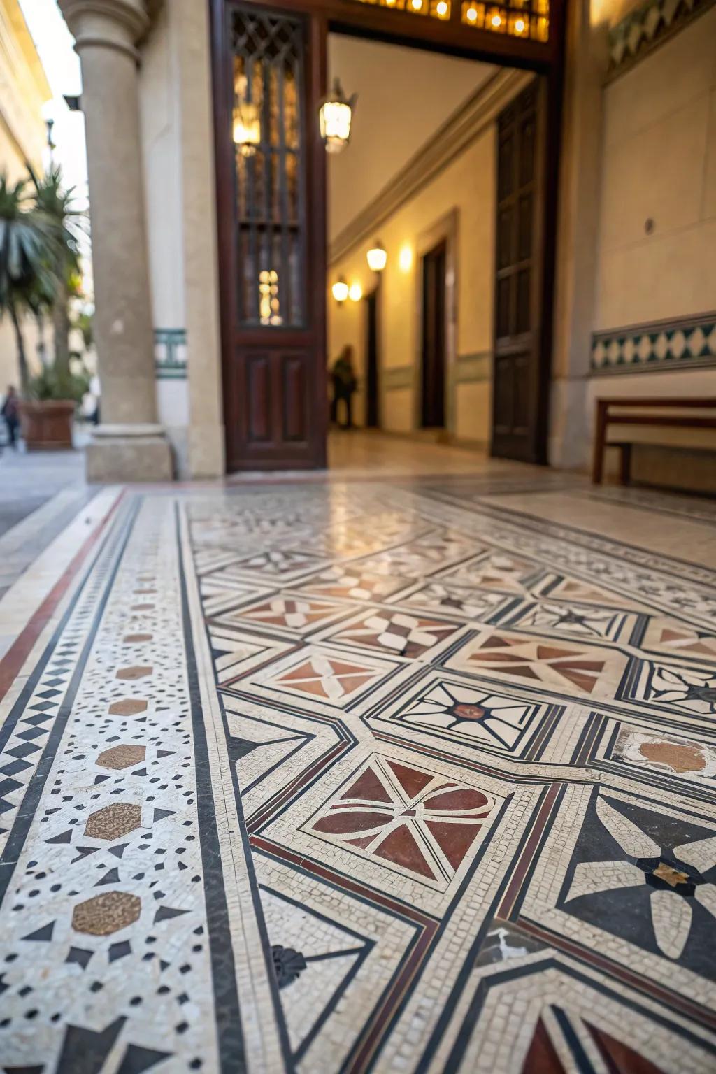 Geometric layouts contribute creative flair to entrances.