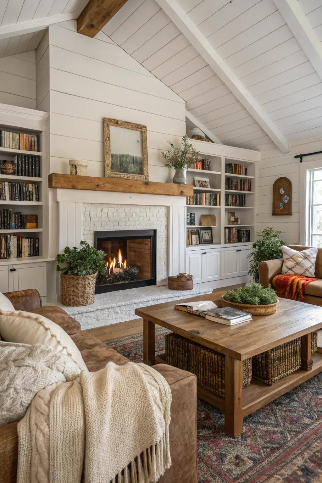 A charming cottage living room featuring a white wood-paneled floor-to-ceiling fireplace.