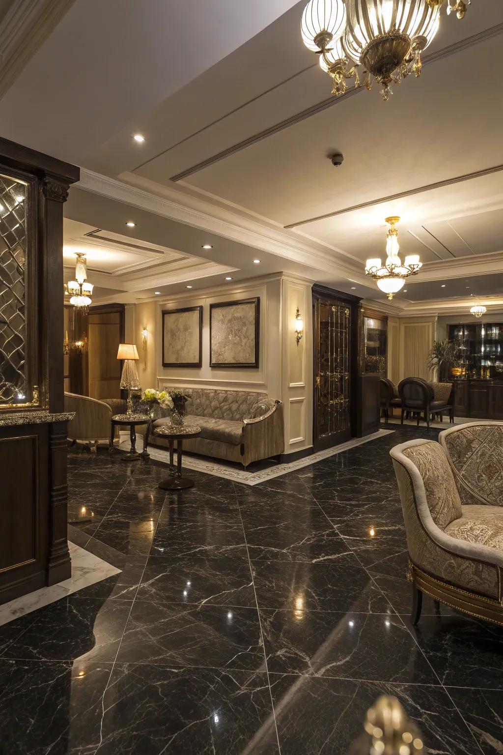 Dark stone flooring enriches any basement with luxury and profoundness.