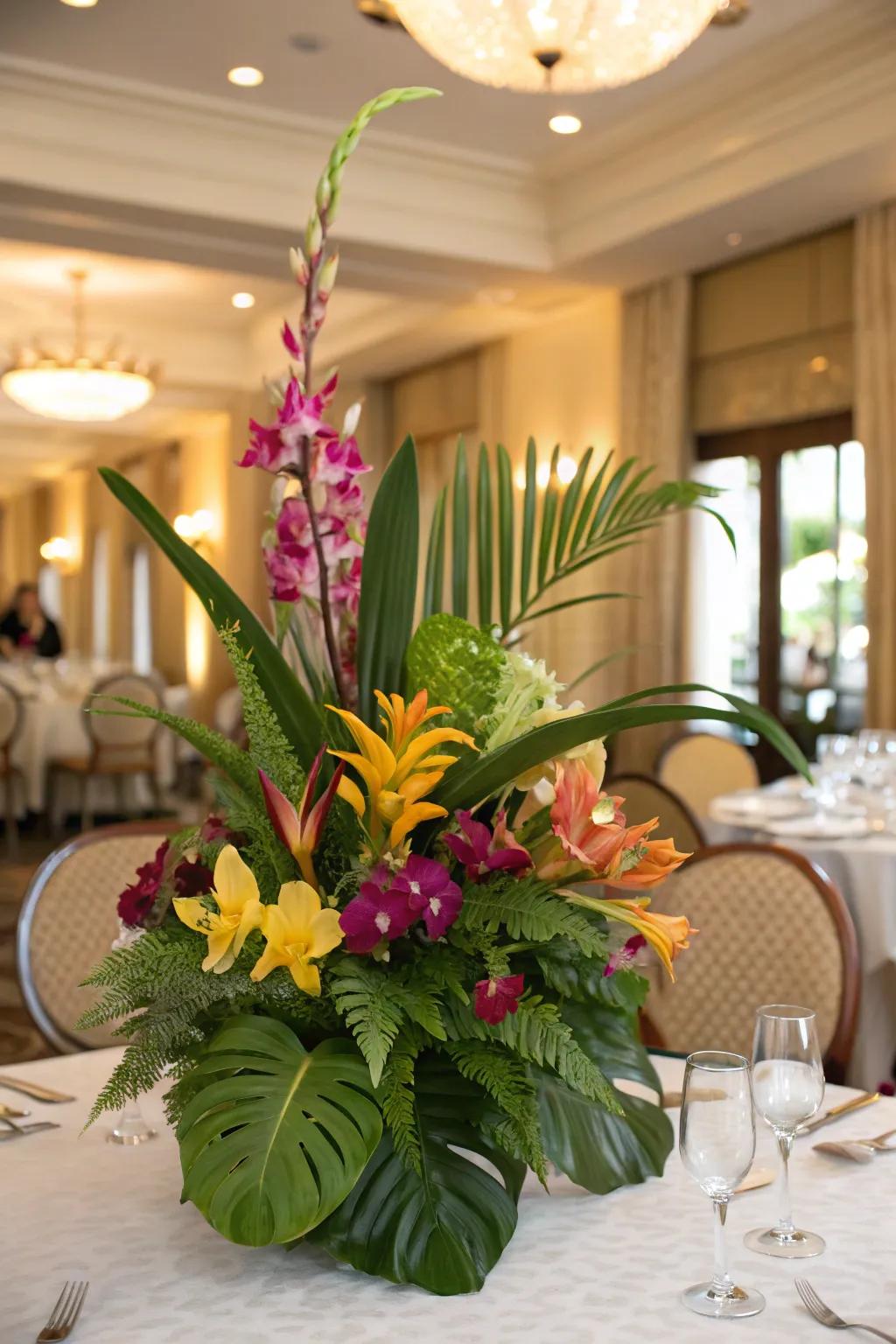 A tropical floral centerpiece featuring orchids and greenery, crafting a miniature paradise on your table.