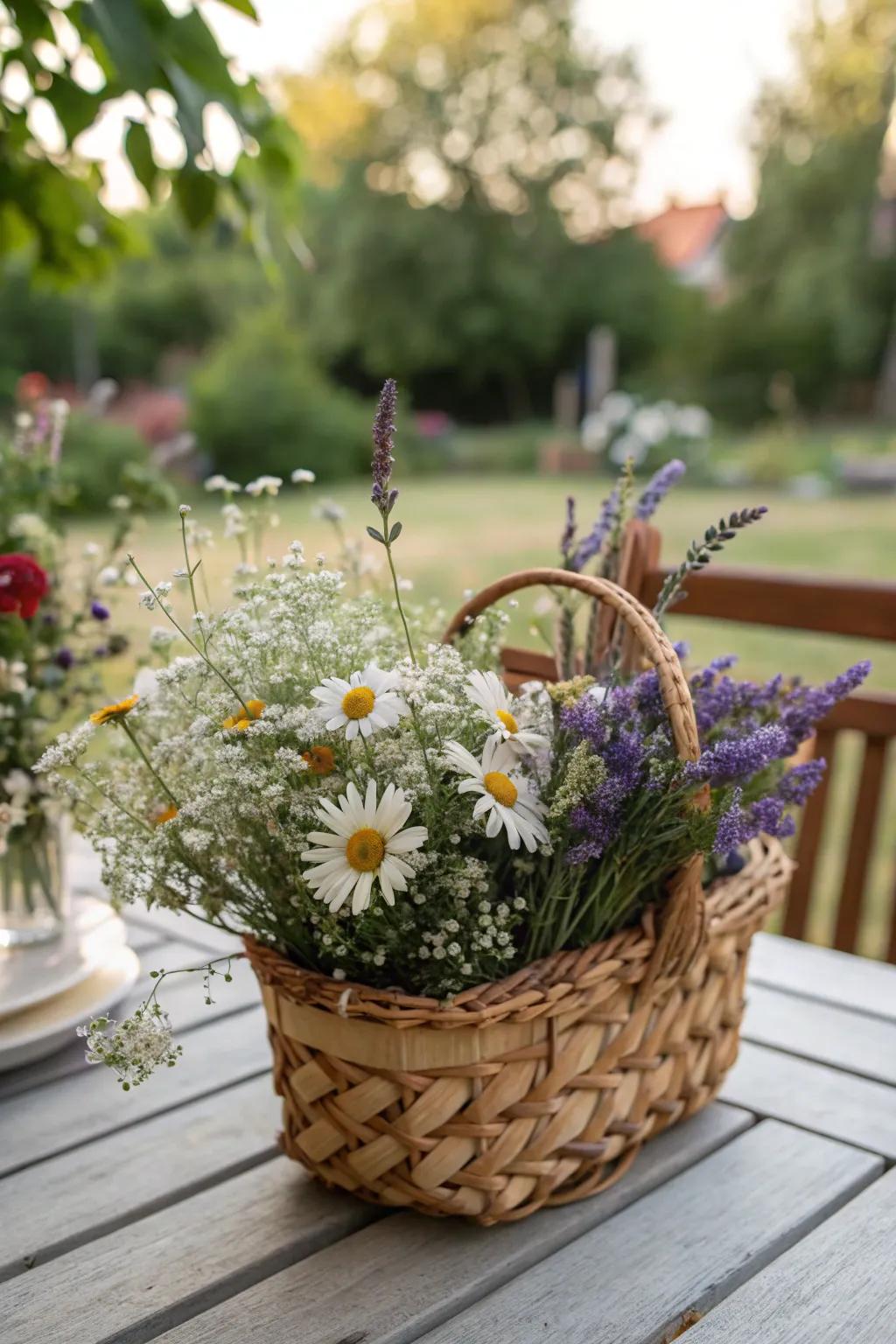 An attractive wildflower basket capturing a springtime meadow's essence.