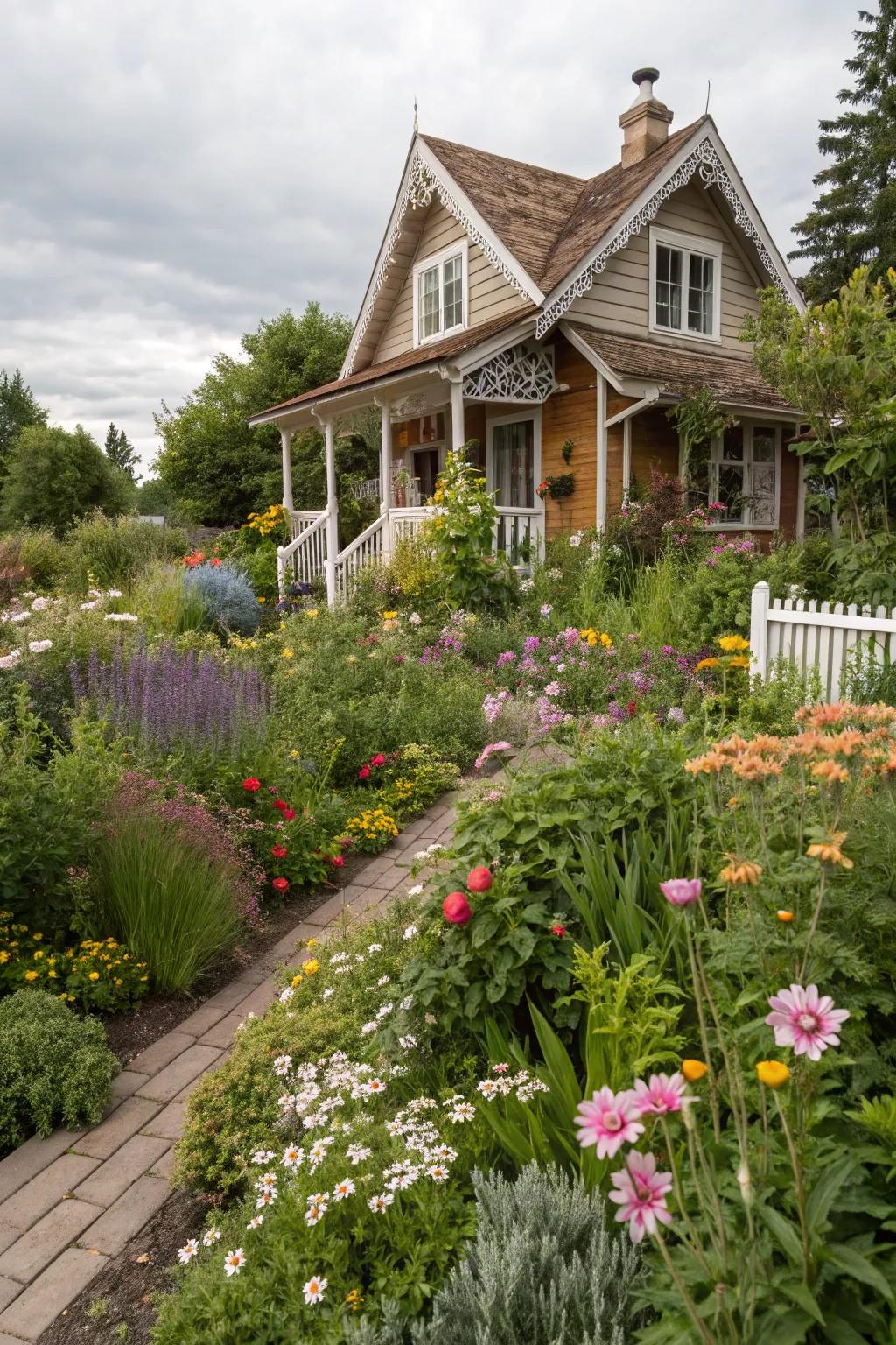 A whimsical country garden abundant with diverse flowers and lush verdure.