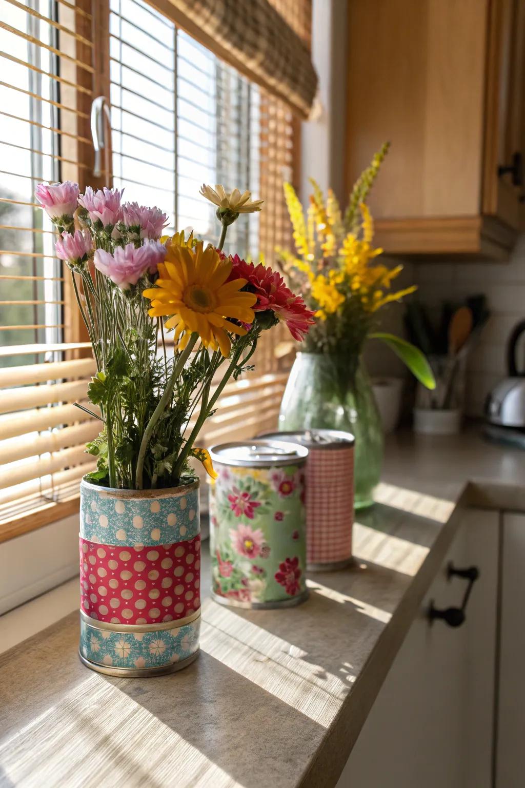 Give tin cans a second life as appealing flower vases infused with personal style.