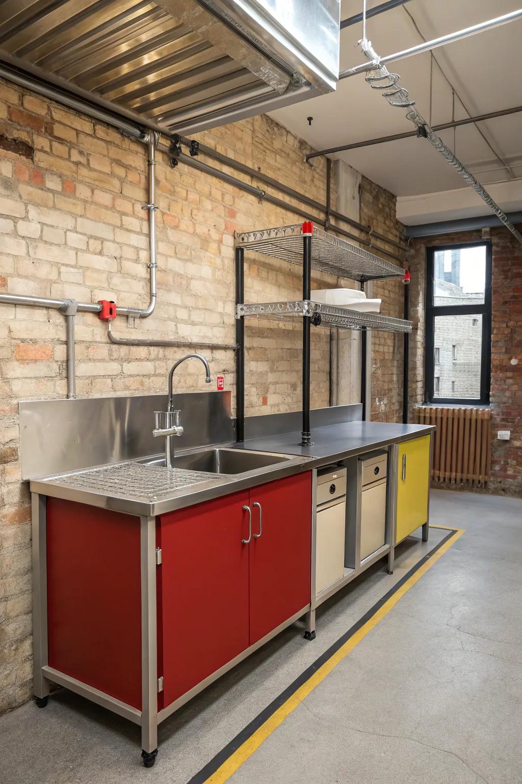 A striking industrial kitchen showcasing a metallic-framed freestanding sink.