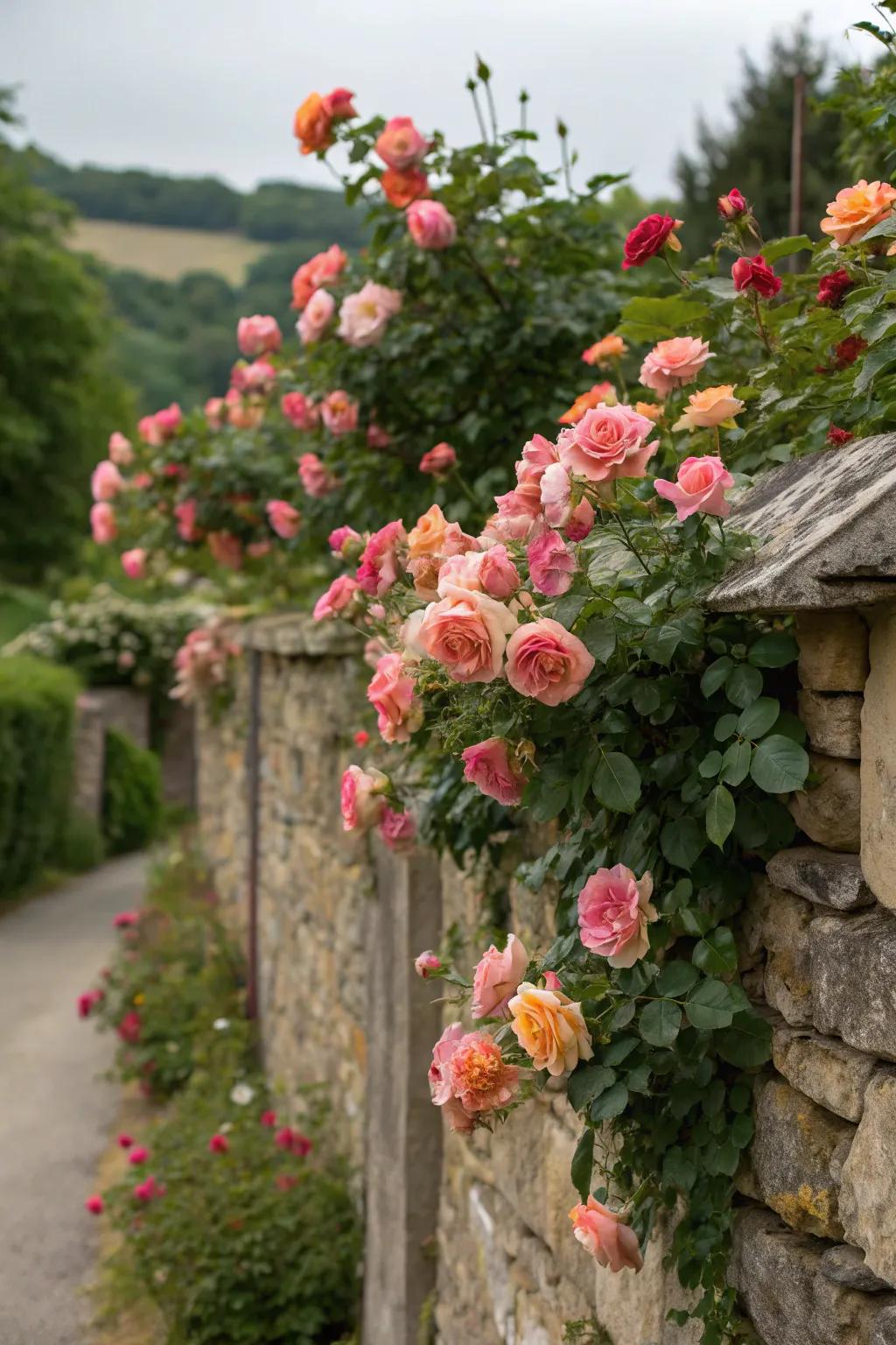 'Rouge Amour' in full bloom, enriching a garden wall with romantic allure.