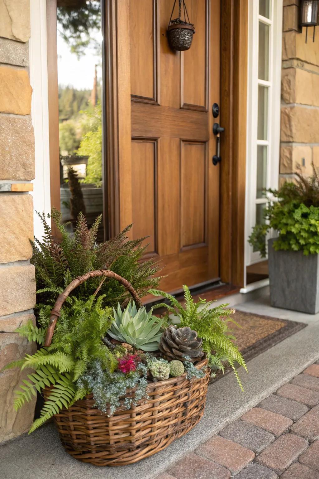 Succulents and foliage impart a contemporary, tropical vibe to your front door.