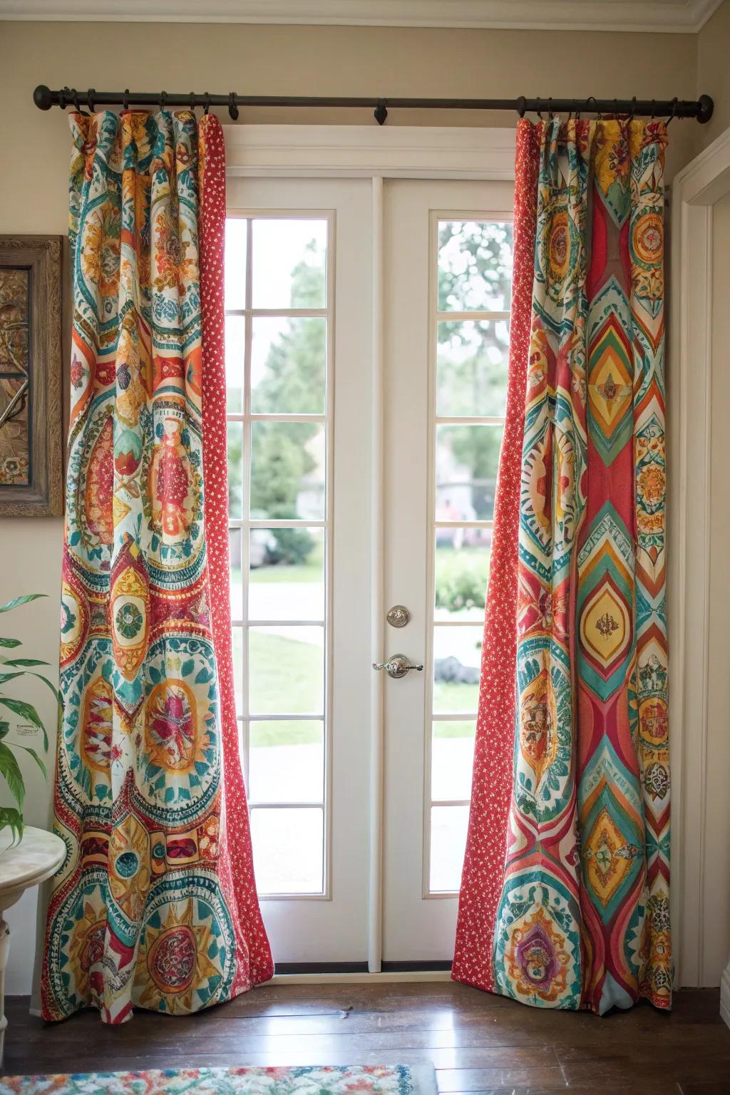 Patterned curtains adding a burst of character to a front door.