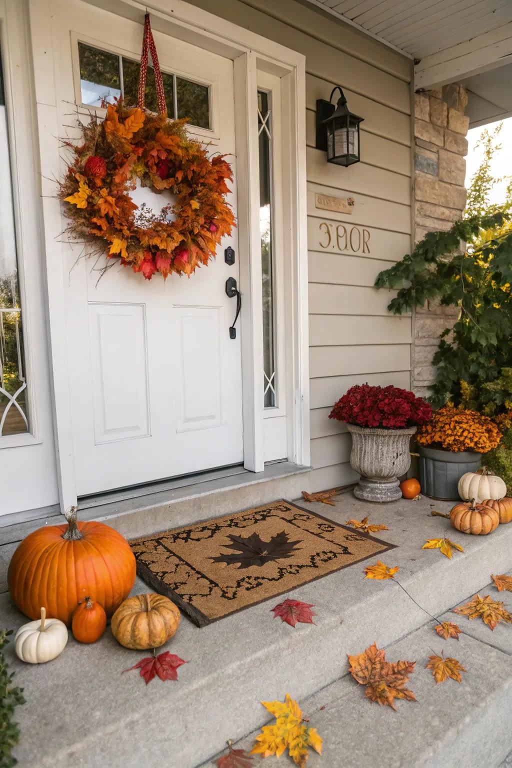 A seasonal doormat adorned with autumn leaves.