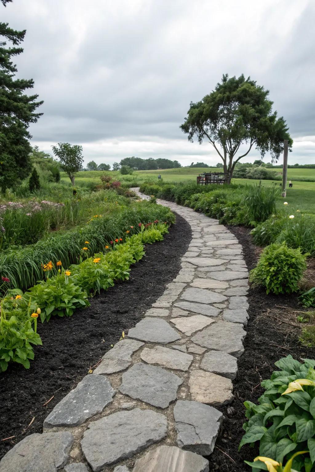 Stone walkways provide an attractive contrast to dark ground cover.