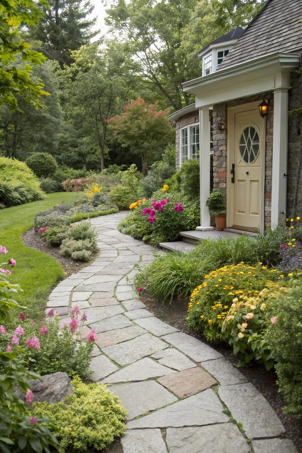An ornamental stone pathway that gracefully guides to the entrance.