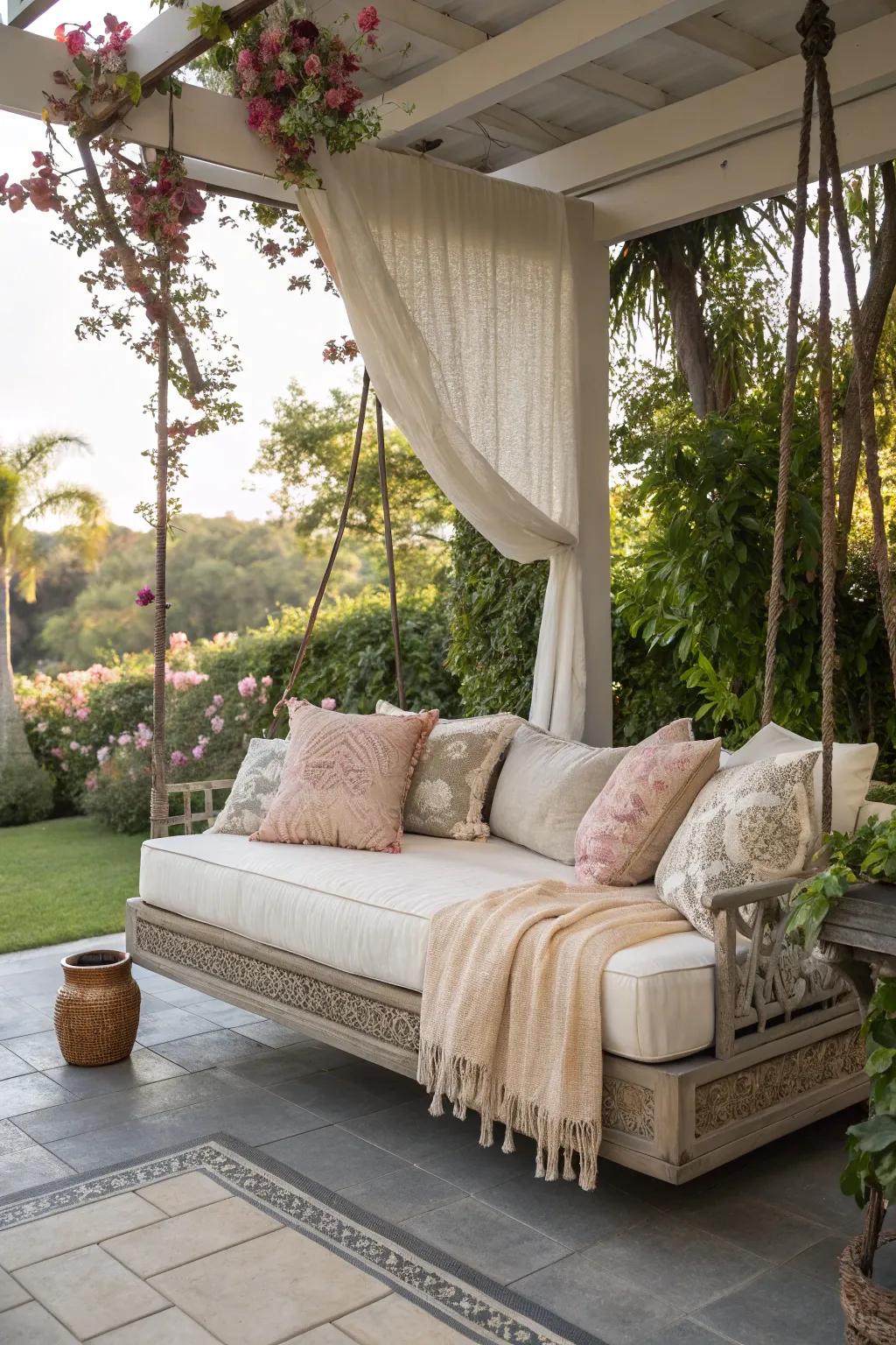 Suspended daybeds contribute a dreamy quality to outdoor lounging.