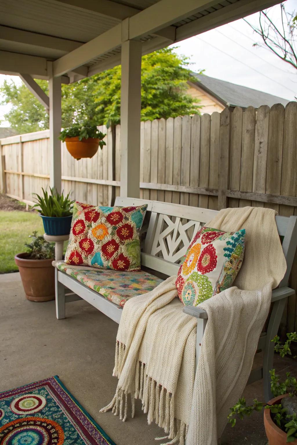 Vibrant cushions and a plush throw create an inviting bench.