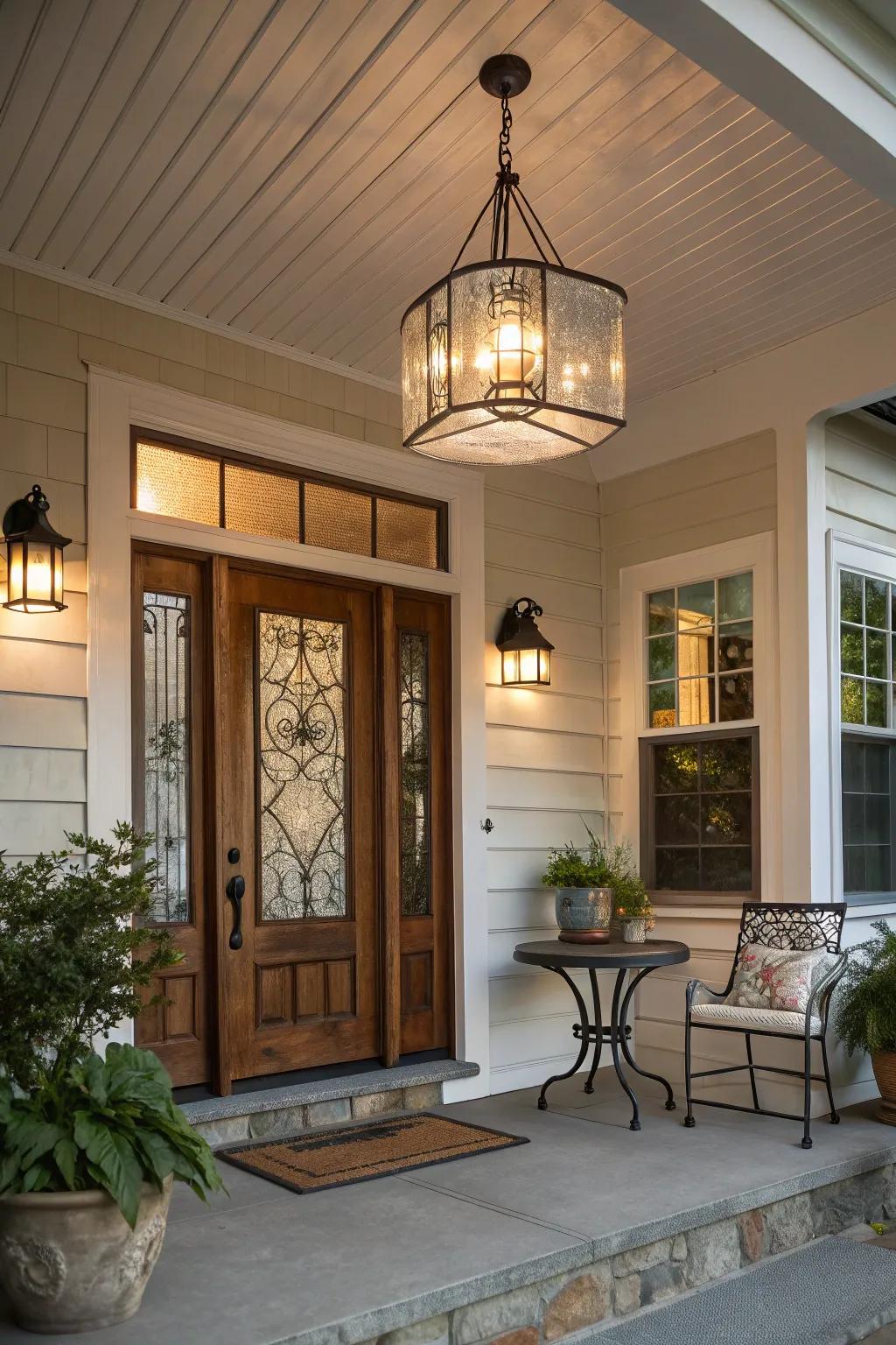 Illuminate your porch using fashionable ceiling fixtures.