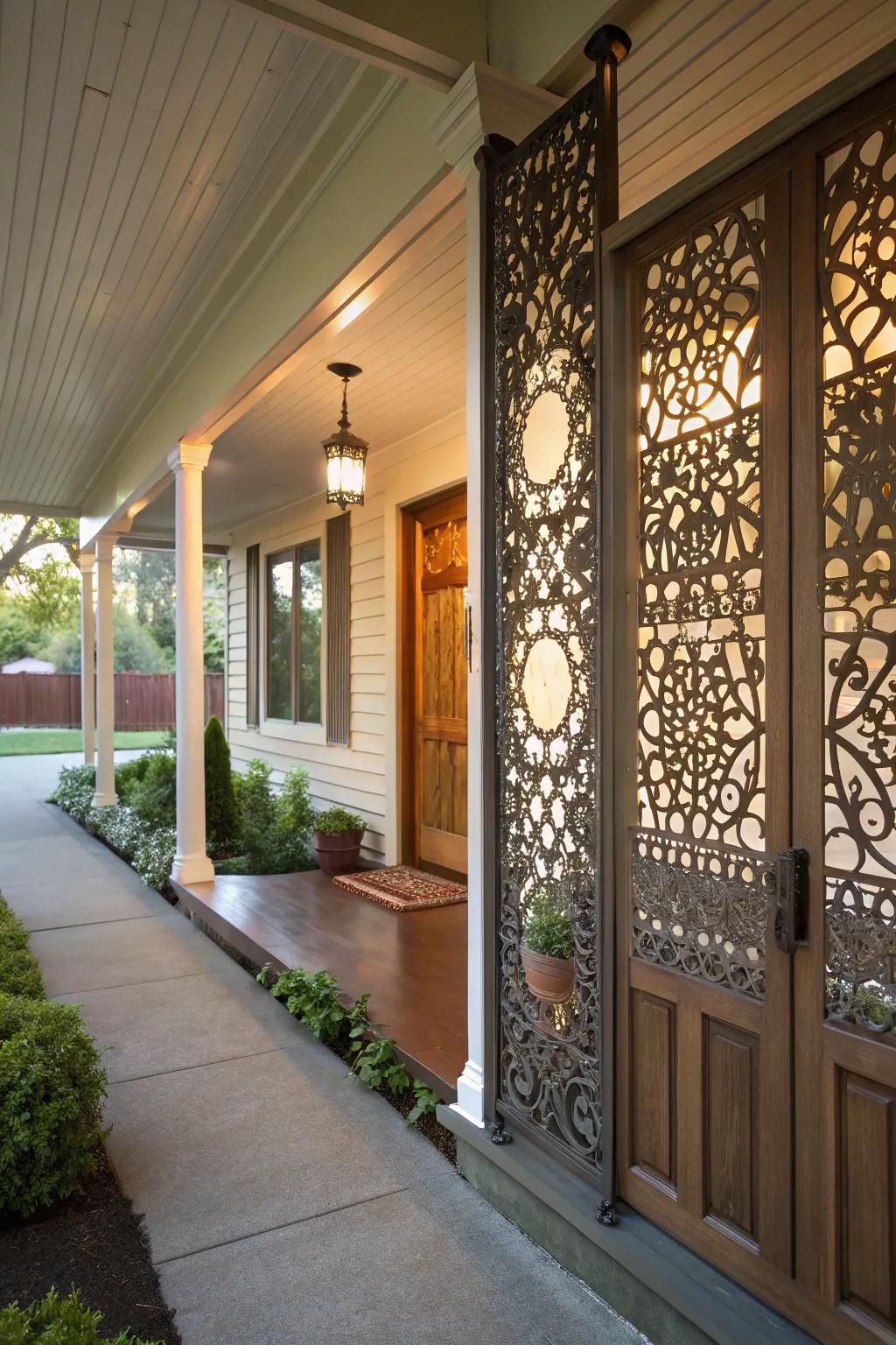 Artistic metallic panels contributing flair and privacy to a porch.