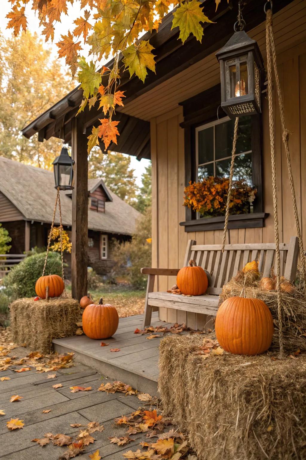 Hay bales infuse countryside appeal and raise the dimension of pumpkin exhibits.