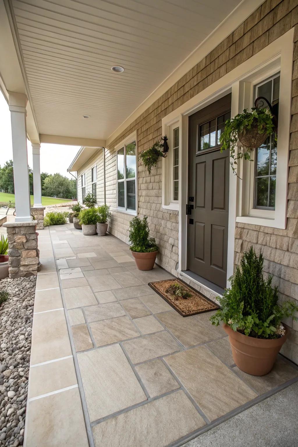 Neutral tones deliver a harmonious and soothing porch design.
